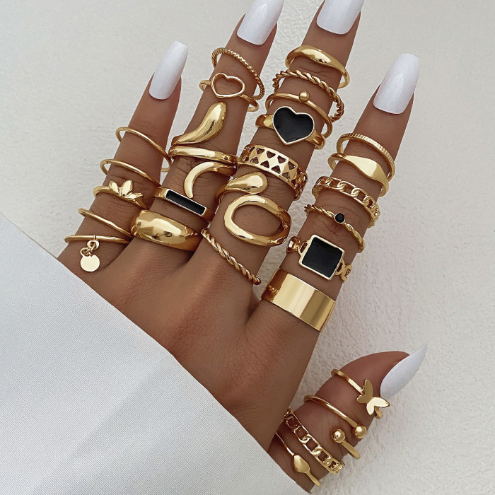 Electroplated Black Butterfly Inlaid Diamond Ring Mixed Batch Pearl Ring Women's Niche High-End Knuckle Ring 23-Piece...