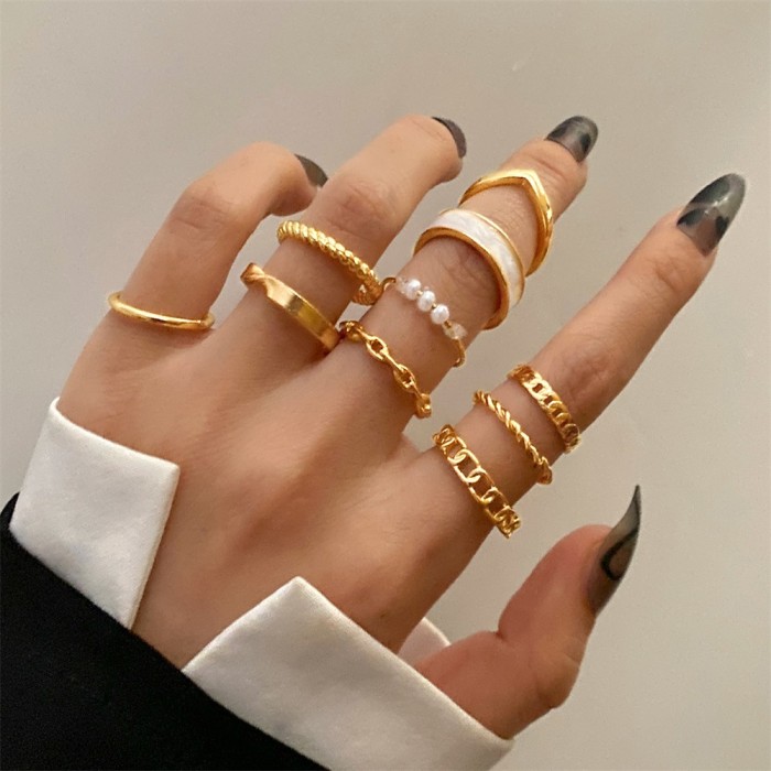 Korean Jewelry AliExpress Hot Sale Butterfly Pearl Rings 10-Piece Set Metal Oil Drop Pearl Rings Wholesale