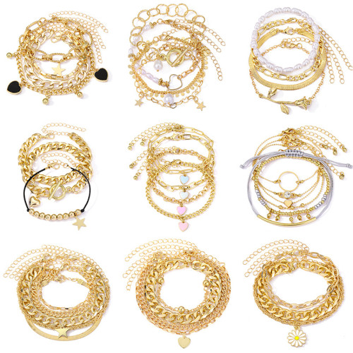 European and American Cross-Border Retro Thick Chain Personality Bracelet Mix and Match Open Bangle Hand Jewelry Stacking Style Set Bracelet Wholesale