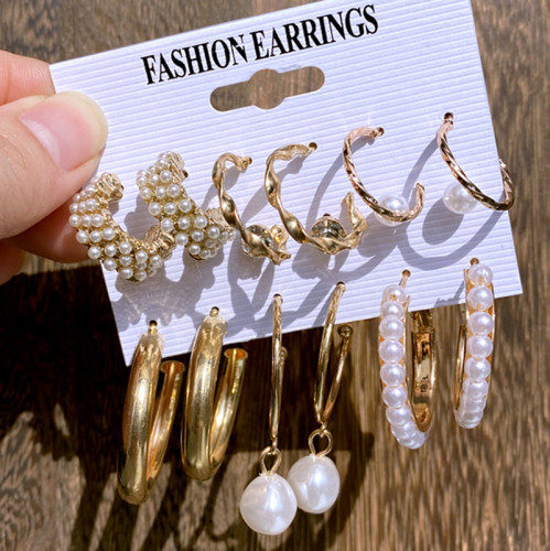European and American Cross-Border Inlaid Pearl Women's Card Earrings Creative French Retro Gold Hoop Earrings Set of 6