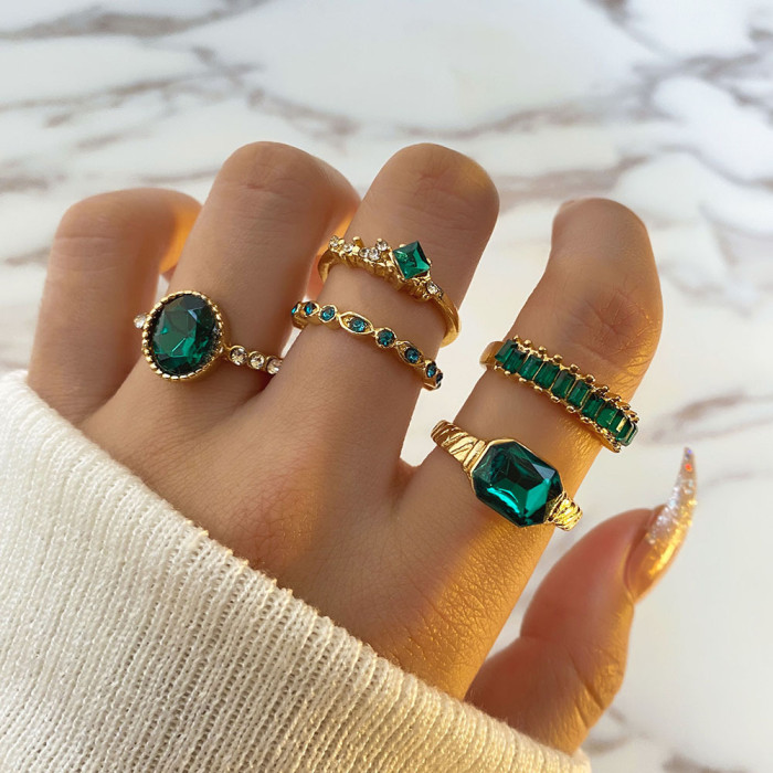 European and American Cross-Border Vintage Diamond-Studded Sapphire Crystal Ring 5-Piece Set Creative Versatile Oval Ring