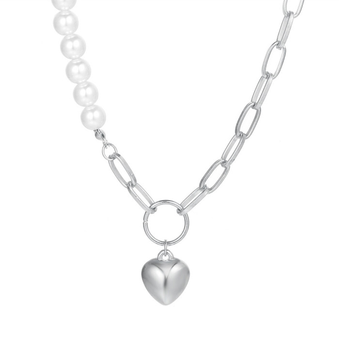 Pearl Necklace for Women Fashion Trendy OT Buckle Heart Pendant Collarbone Chain Internet Celebrity Accessories Minimalist Style Sweater Collarbone Chain