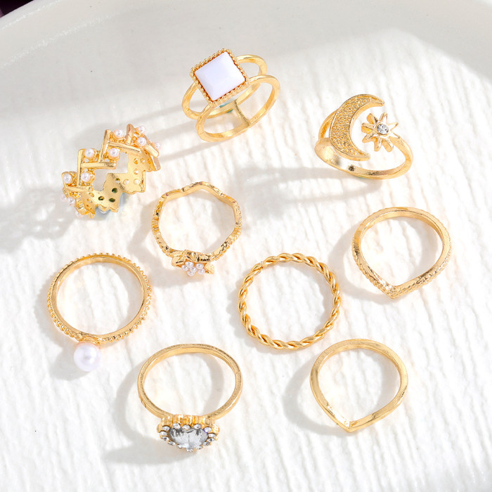 Cross-Border New Fashion Creative Flower Alloy Joint Ring Set Geometric Plain Ring Multi-Piece Set for Women
