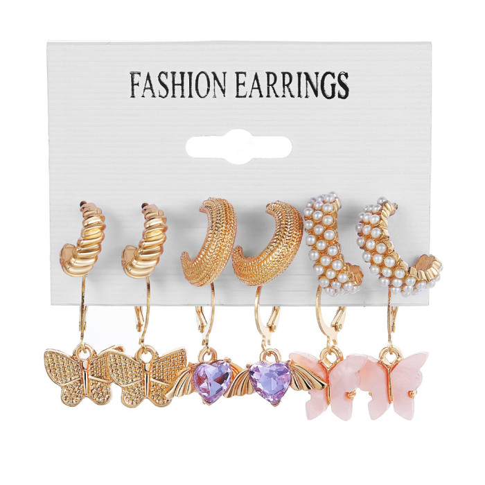 Cross-Border New Alloy Inlaid Rhinestone Earrings Set 9 Pairs Creative Butterfly Peach Heart Cherry Pearl Ear Buckle Wholesale