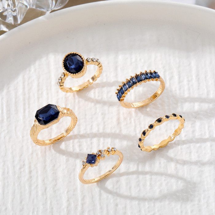 European and American Cross-Border Vintage Diamond-Studded Sapphire Crystal Ring 5-Piece Set Creative Versatile Oval Ring