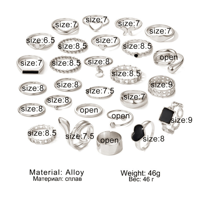 European and American Metal Black Epoxy Heart Square Rings 27-Piece Set French Retro Geometric Open Rings Set Wholesale