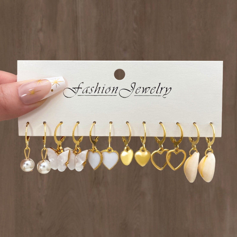 European and American Cross-Border Alloy Heart Pearl Lock Snake Butterfly Mushroom Lock Earrings Creative Personality Card Pack Earrings 12 Pieces Wholesale