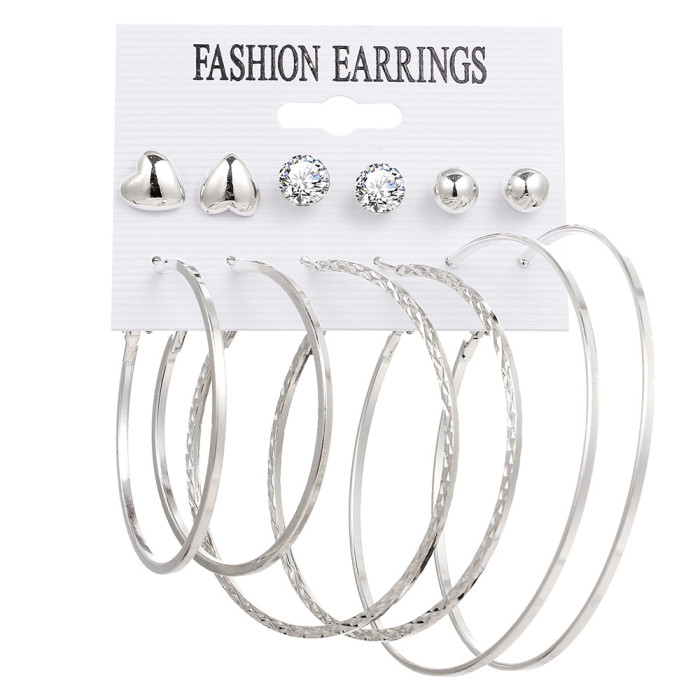 Metal Circle Chain Earrings Set 6 Pieces Creative Personality Cross-border Heart Pin Butterfly Earrings