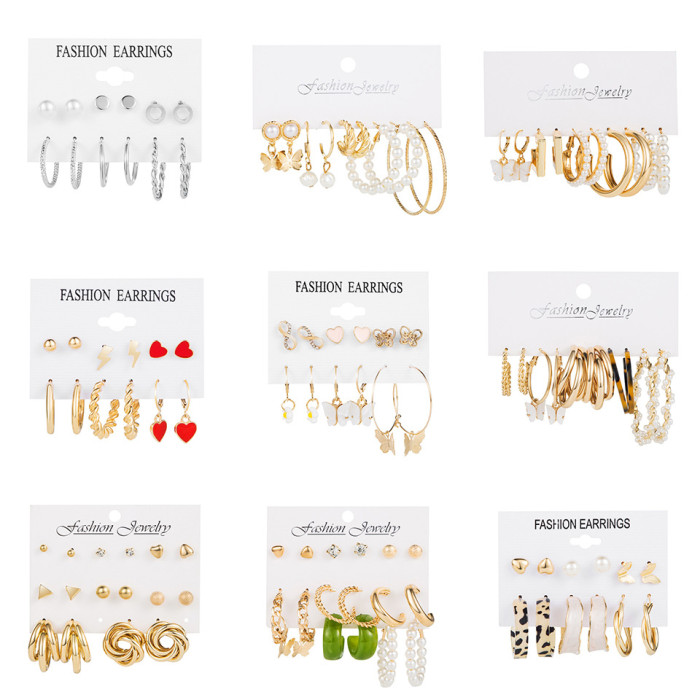 6-Piece Set of Vintage Metal Circle Chain Earrings with Card Holder, Fashion Pearl Butterfly Oil Drop Stud Earrings S...