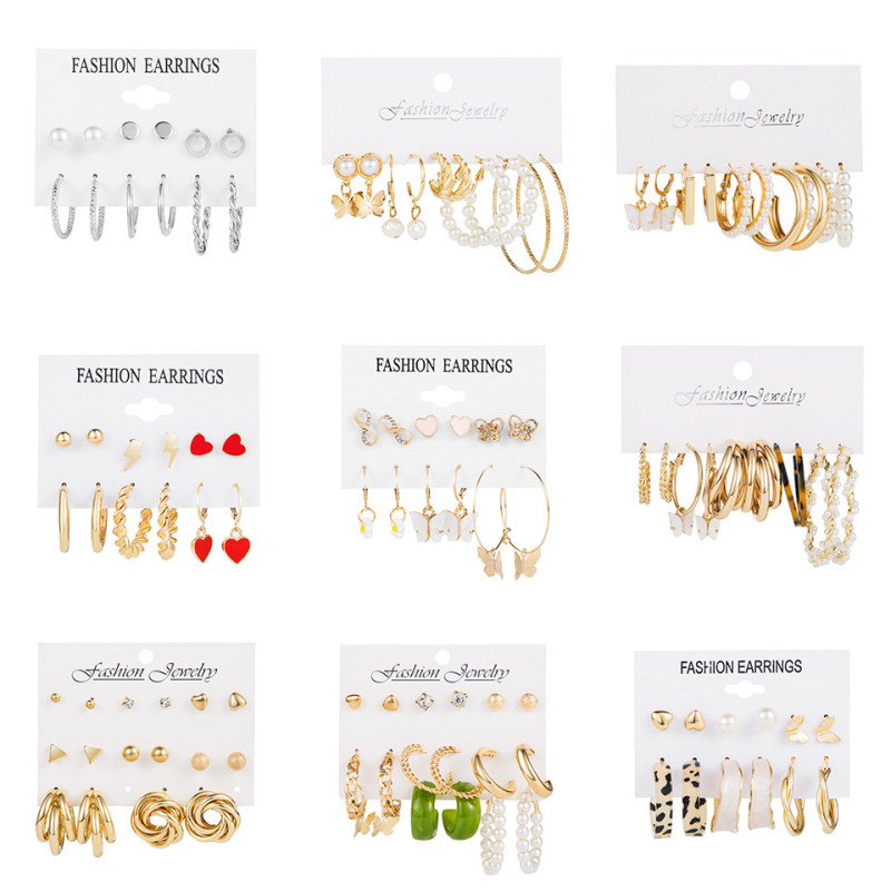 6-Piece Set of Vintage Metal Circle Chain Earrings with Card Holder, Fashion Pearl Butterfly Oil Drop Stud Earrings Set