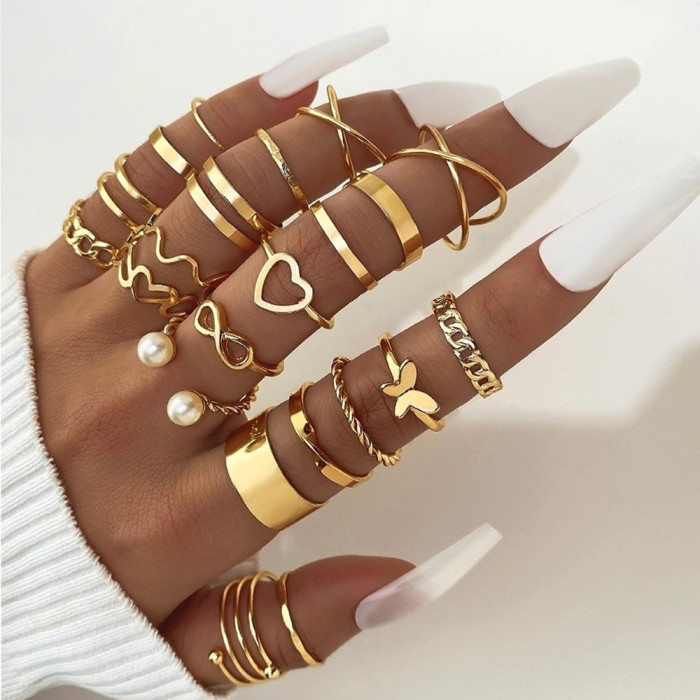 Alloy Cross-Border Butterfly Ring Opening More than Knuckle Ring Suit 22-Piece Set Love Heart-Shaped Ring Women's Design Sense Niche