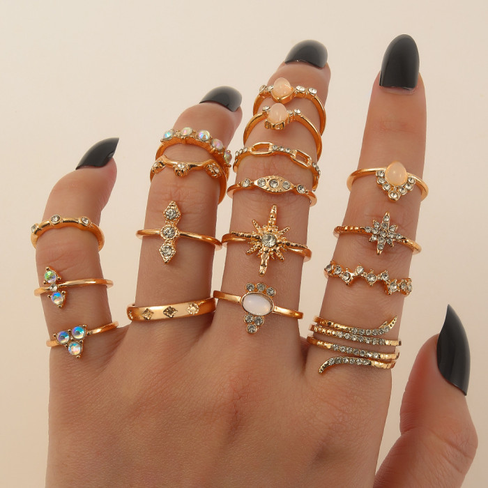 European and American Cross-Border Multi-Joint Ring Set 17-Piece Vintage Ring Set with Diamond Six-Pointed Star Wholesale