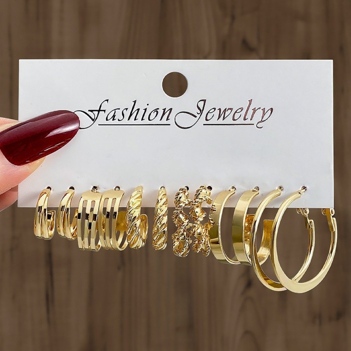 European and American Cross-Border Artistic Retro Geometric Hammered Pattern Earrings 6-Piece Set Creative Heart-Shaped Diamond-Studded Stud Earrings Metal Earrings