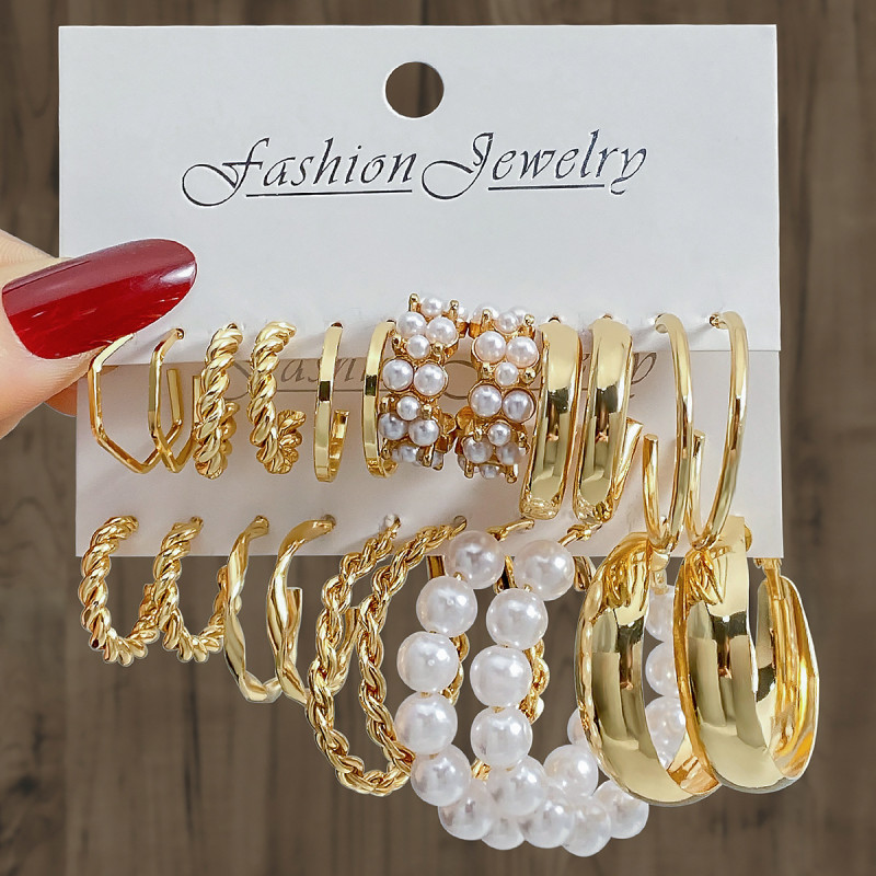 European and American Cross-Border New Retro Geometric C-Shaped Alloy Pearl Earrings Set 6 Pairs Fashionable High-End Earrings for Women