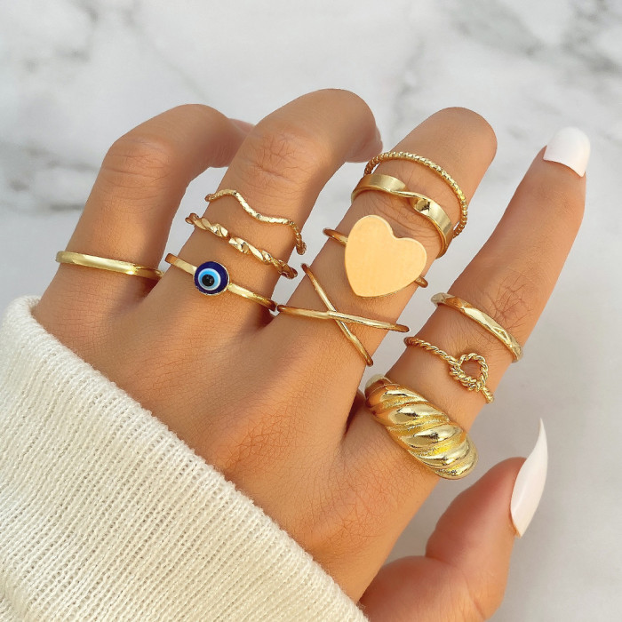 Cross-Border New Fashion Creative Flower Alloy Joint Ring Set Geometric Plain Ring Multi-Piece Set for Women