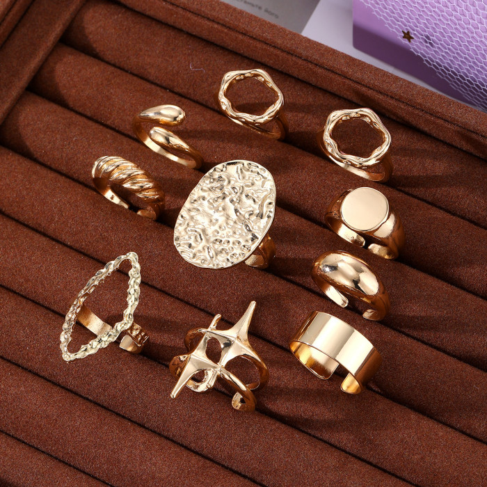 European and American Cross-Border Geometric Metal Style Lava Line Rings 10-Piece Set Personality Exaggerated Open Rings Set for Women