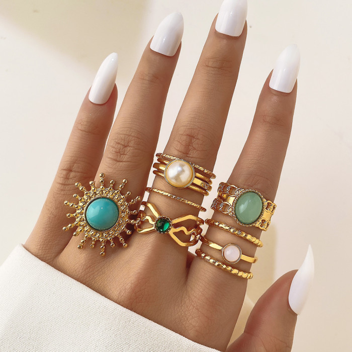 Cross-Border New Fashion Creative Flower Alloy Joint Ring Set Geometric Plain Ring Multi-Piece Set for Women