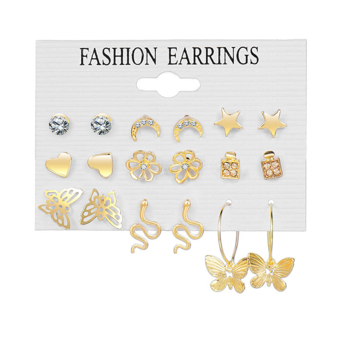 European and American Cross-Border Retro Heart Butterfly Earring Set 9-Piece Creative Snake Sword Mushroom Ear Clips Wholesale