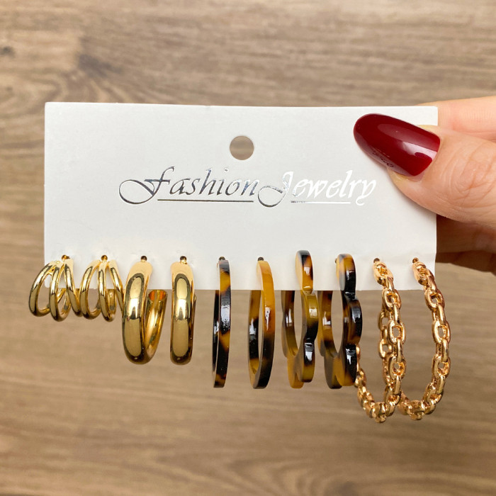 Cross-Border New Vintage C-Shaped Earrings Set 6 Pairs Creative Personality Oil Drop Leopard Print Earrings Heart Butterfly Earrings