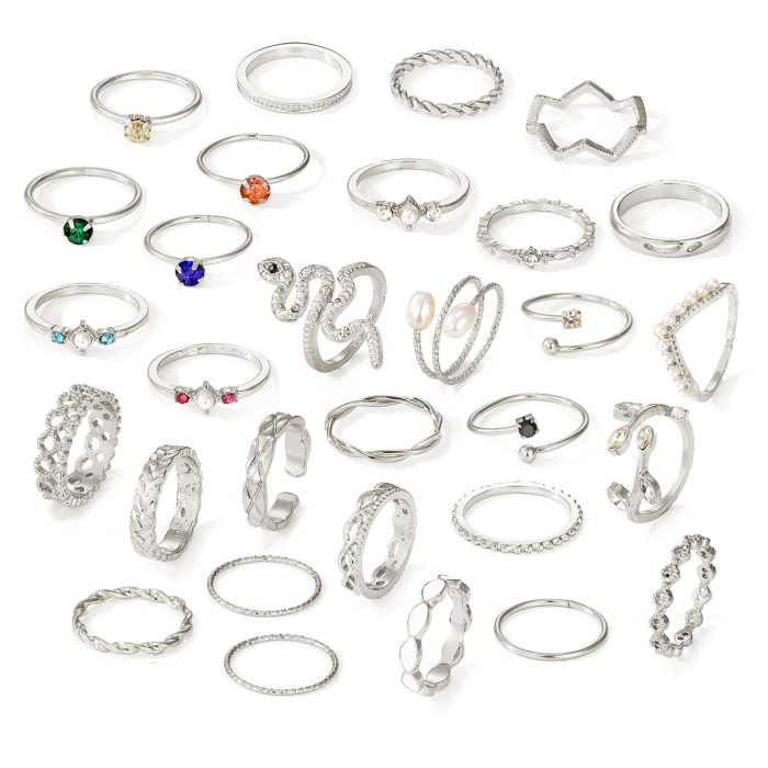 European and American Cross-Border New Niche Retro Light Luxury High-End Feel Ring White Epoxy Snake Ring 30-Piece Set