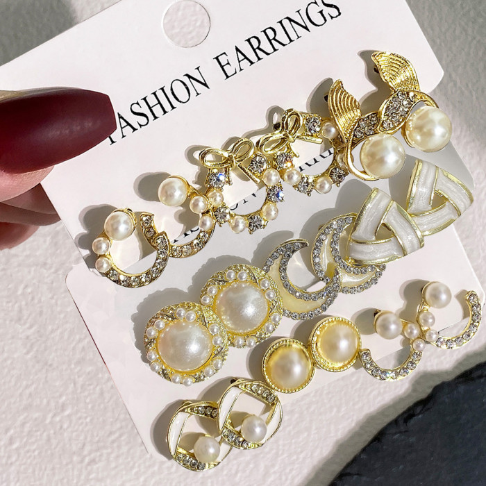 INS Bowknot Fish Tail Pearl Moon Earrings with Diamonds Fashionable Elegant Earring Set 3-Piece Set Wholesale, Jewelr...