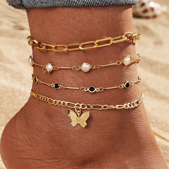 Retro Multi-Layer Butterfly Star Fishbone Chain Anklet for Women, Niche Exotic Style Tassel Anklet Set for Women, Nec...