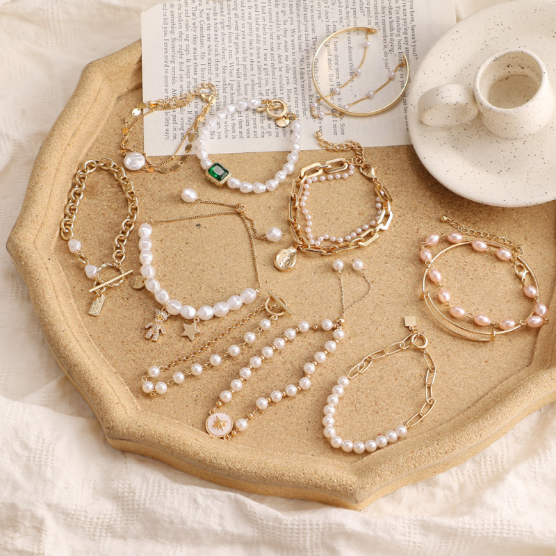 Han Jewelry Retro Pearl Inlaid Diamond Irregular Punk Style Bracelet Korean Version Simple Multi-layer Jewelry Set