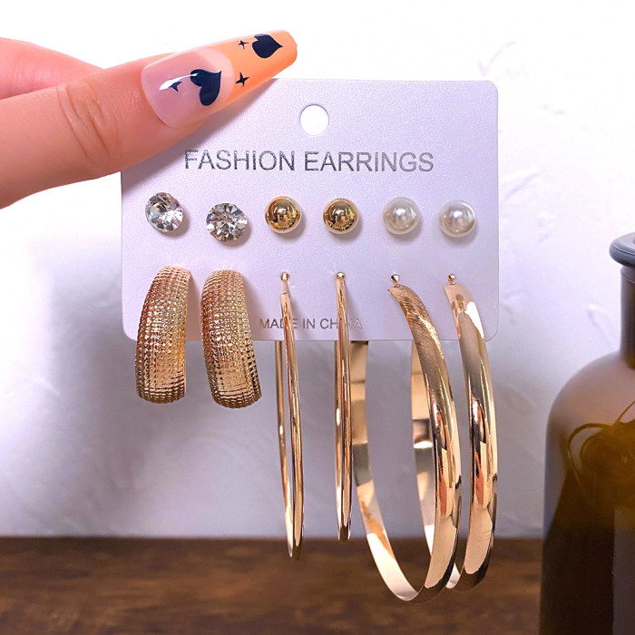 New Metal Hoop Earrings Set 6 Pieces Vintage Pearl Diamond Hoop Earrings European and American High-end Earrings with a Sense of Sophistication