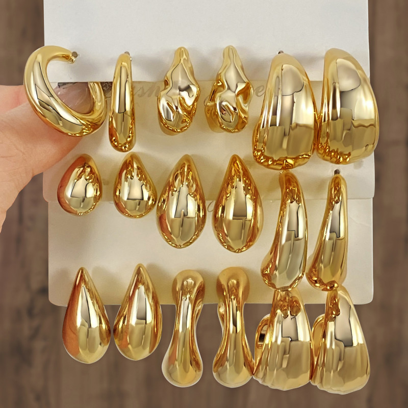 Cross-Border Source New High-End Gold Personality Water Drop Earrings Creative C-Shaped Earrings Set 6 Pairs Wholesale