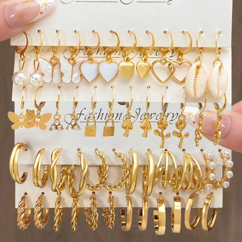 European and American Cross-Border Alloy Heart Pearl Lock Snake Butterfly Mushroom Lock Earrings Creative Personality Card Pack Earrings 12 Pieces Wholesale