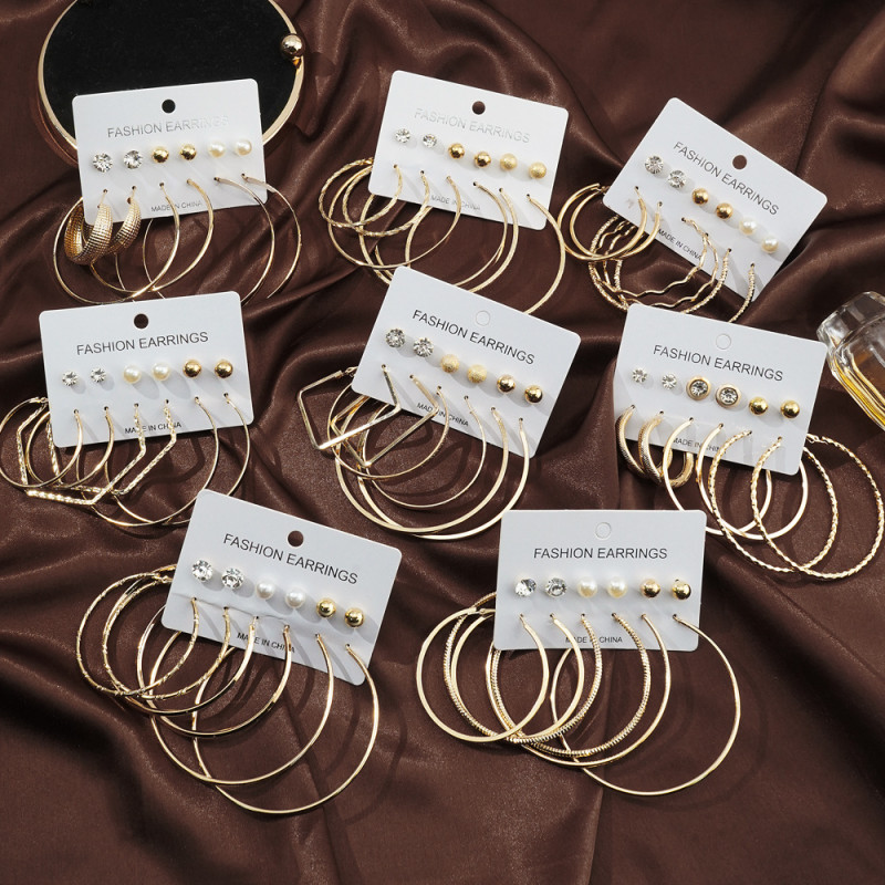 Exaggerated Fashion Jewelry Cross-Border Fashion Versatile 6 Pairs C-Shaped Large Hoop Earrings Stud Earrings Set Personality Earrings Wholesale