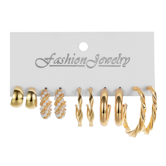 European and American Cross-Border Inlaid Pearl Women's Card Earrings Creative French Retro Gold Hoop Earrings Set of 6