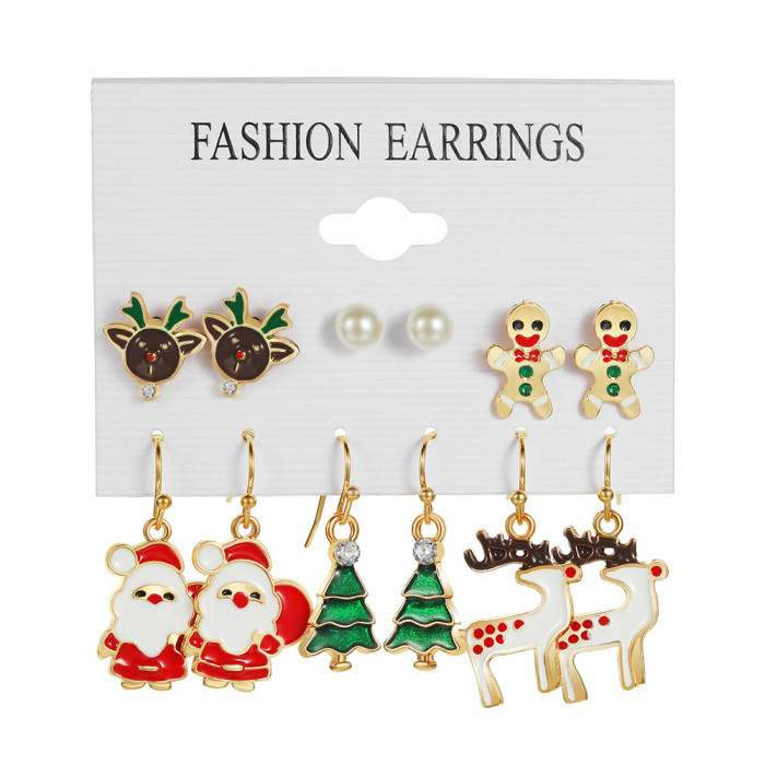 Christmas Series Snowflake Bell Earrings Set Cross-Border Cartoon Oil Drop Reindeer Santa Claus Christmas Earrings