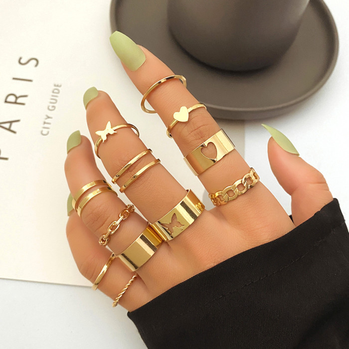 European and American New Retro Inlaid Pearl Chain Ring Butterfly Open Ring Ins Style Ring Set 10-Piece Set