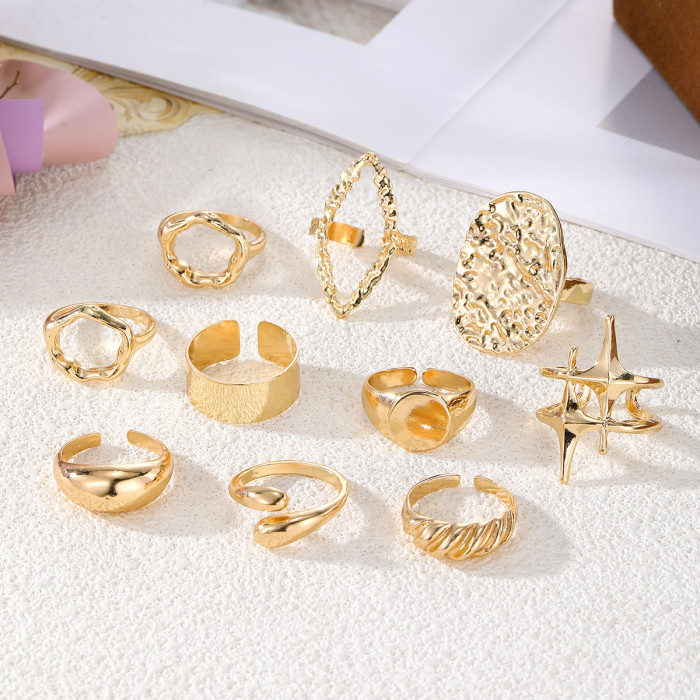European and American Cross-Border Geometric Metal Style Lava Line Rings 10-Piece Set Personality Exaggerated Open Rings Set for Women
