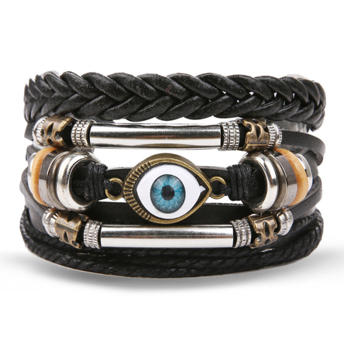 Vintage Bead Bracelet Men's Fashion Hollow Triangle Leather Bracelet and Bangle Multi-layer Wide Wrapped Jewelry