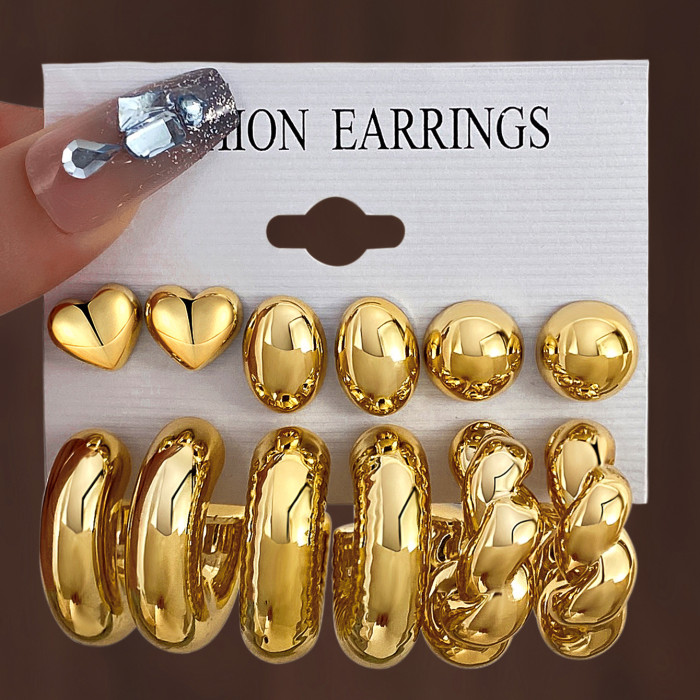 Cross-Border Source New High-End Gold Personality Water Drop Earrings Creative C-Shaped Earrings Set 6 Pairs Wholesale