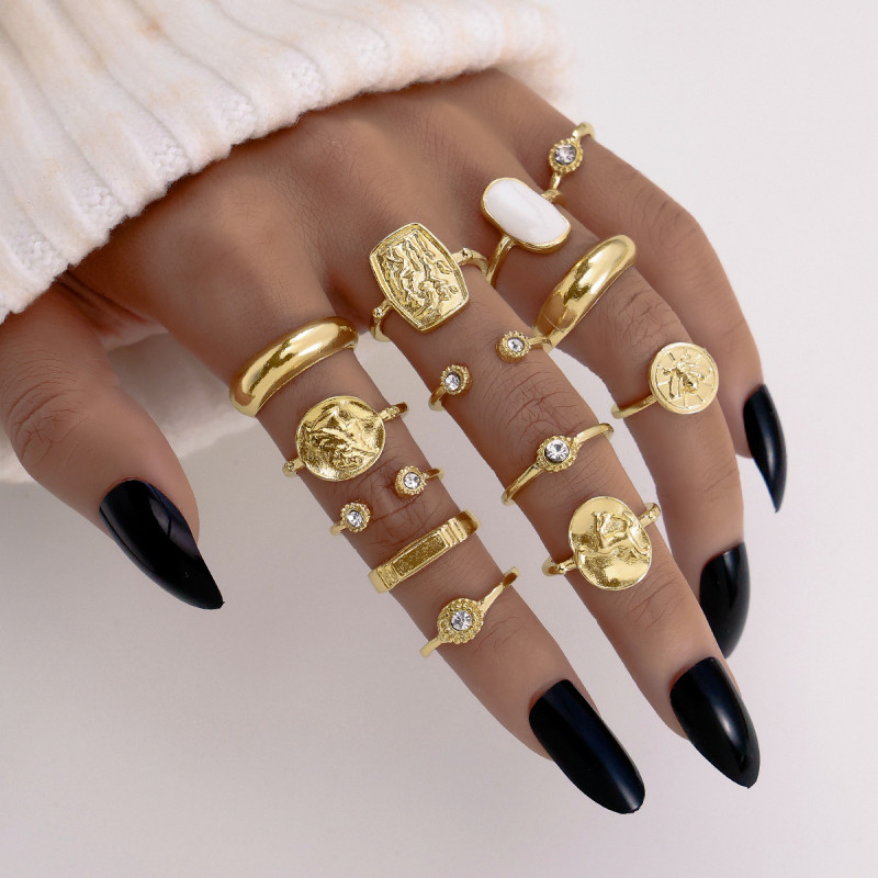 Cross-Border Hot-Selling Ring Fashion White Oil Drop Open Adjustable Inlaid Diamond Hollow Relief Portrait Combination 13-Piece Set