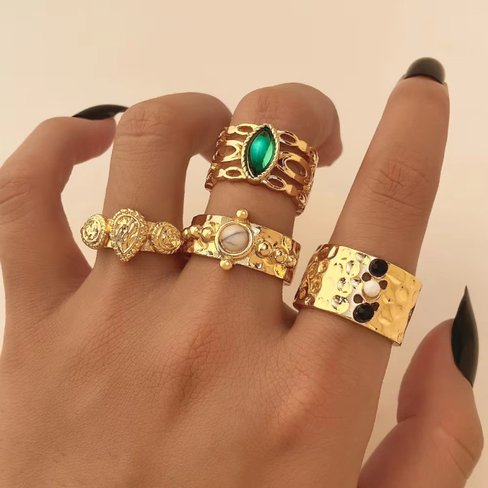 Vintage European and American Round Geometric Emerald Gemstone Colorful Natural Stone Metal Ring KC Gold Plated Ring Set