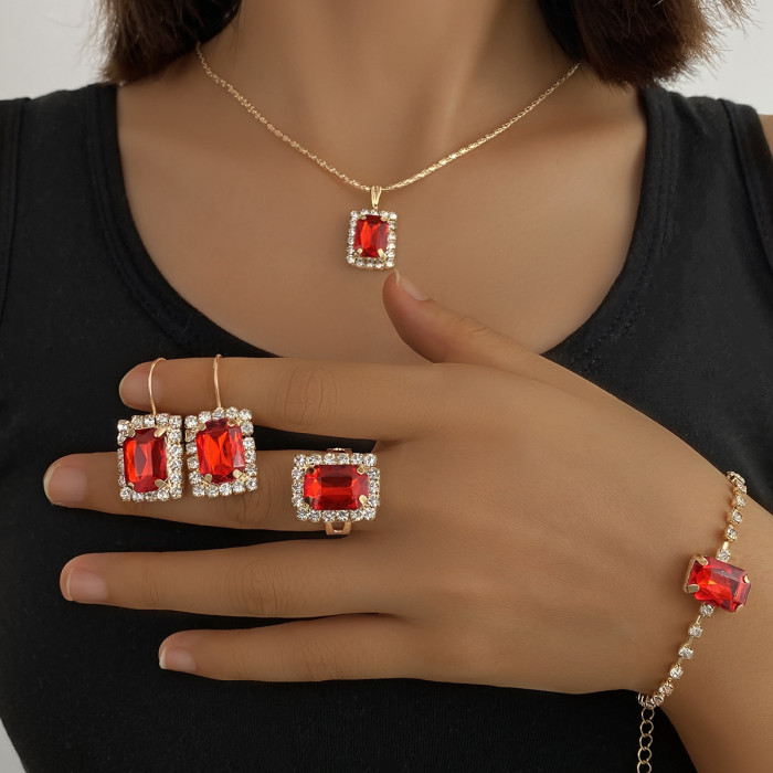 European and American New Style Square Diamond Jewelry Set Fashion Colorful Rhinestone Necklace Earrings Ring Bracelet Set Bridal Accessories