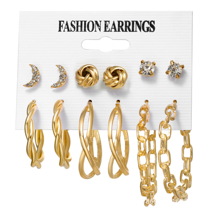 European and American Cross-Border Inlaid Pearl Women's Card Earrings Creative French Retro Gold Hoop Earrings Set of 6