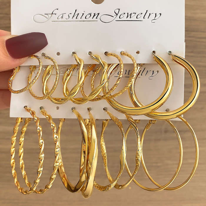 Cross-Border Hot Selling Simple Large Circle Metal Irregular Circle Earrings Set Creative Personality Earrings 8-Piece Set Ear Jewelry