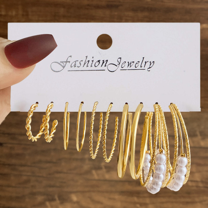 European and American Cross-Border New Style Inlaid Pearl Women's Earrings Creative French Retro Gold Hoop Earrings Set of 6 Pieces