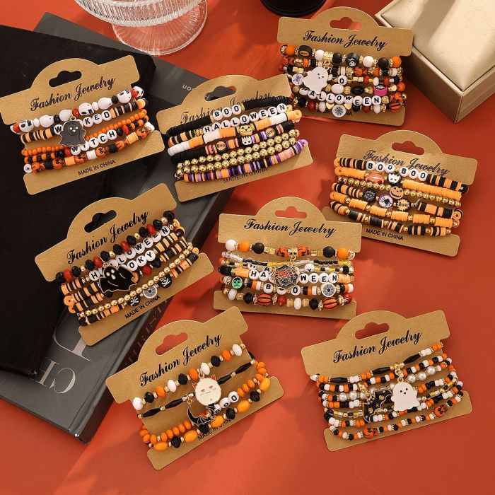 Amazon Halloween Pumpkin Soft Clay Bracelet Punk Alloy Letter Halloween Series Multi-Layer Bracelet for Women