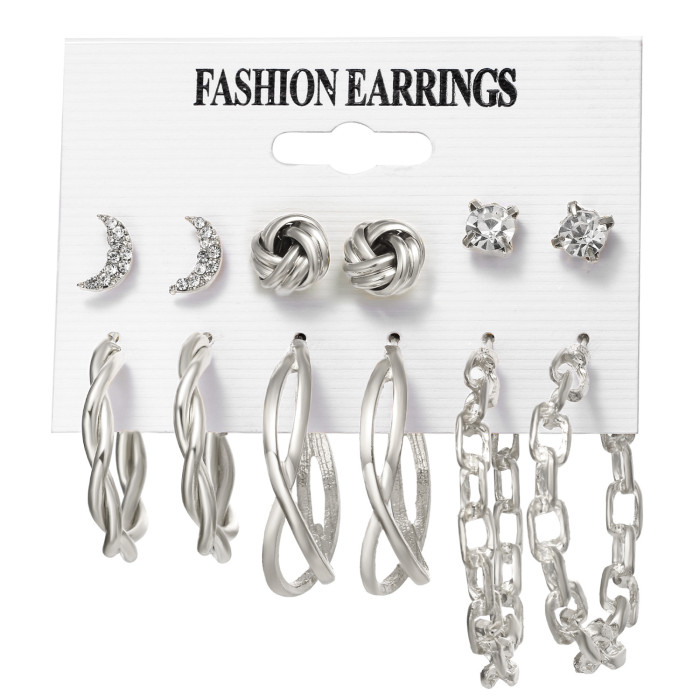 European and American Cross-Border Inlaid Pearl Women's Card Earrings Creative French Retro Gold Hoop Earrings Set of 6