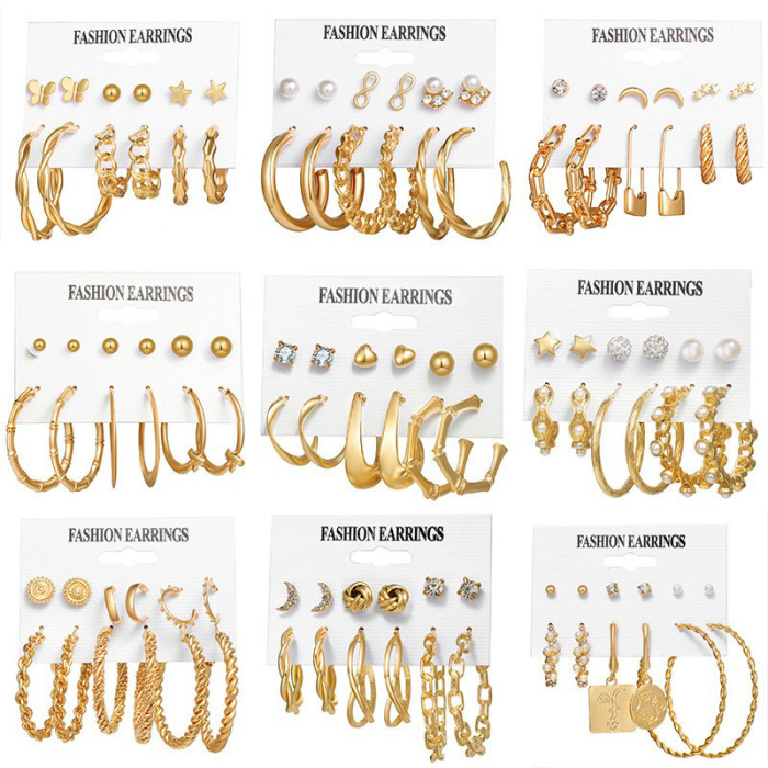 Metal Circle Chain Earrings Set 6 Pieces Creative Personality Cross-border Heart Pin Butterfly Earrings
