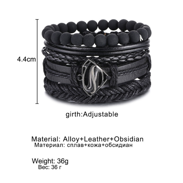 Vintage Bead Bracelet Men's Fashion Hollow Triangle Leather Bracelet and Bangle Multi-layer Wide Wrapped Jewelry