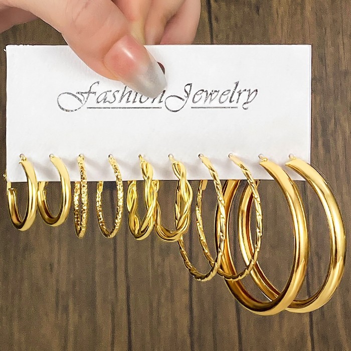 European and American Cross-Border Artistic Retro Geometric Hammered Pattern Earrings 6-Piece Set Creative Heart-Shaped Diamond-Studded Stud Earrings Metal Earrings