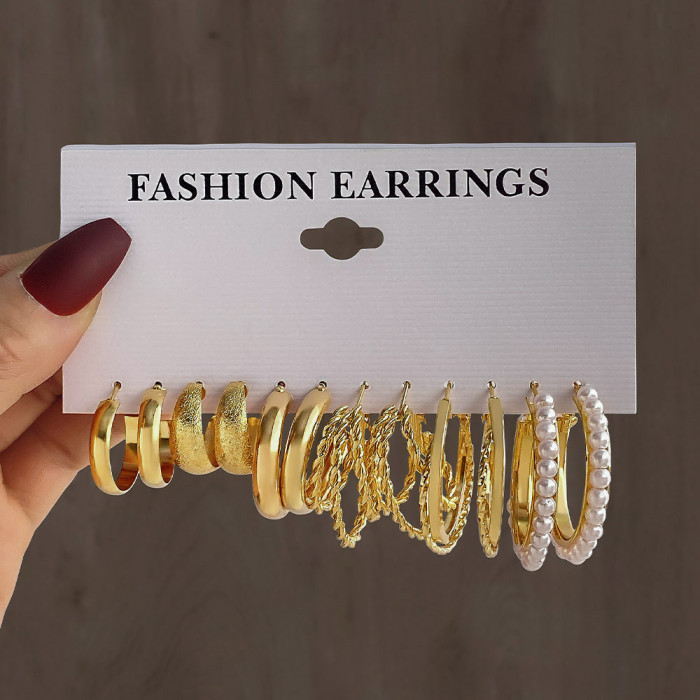 European and American Cross-Border New Retro Geometric C-Shaped Alloy Pearl Earrings Set 6 Pairs Fashionable High-End Earrings for Women