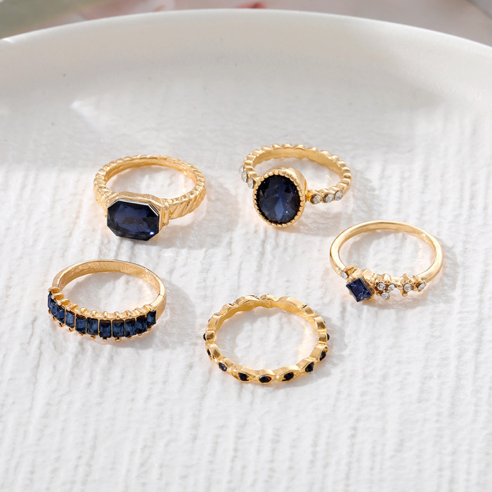 European and American Cross-Border Vintage Diamond-Studded Sapphire Crystal Ring 5-Piece Set Creative Versatile Oval Ring